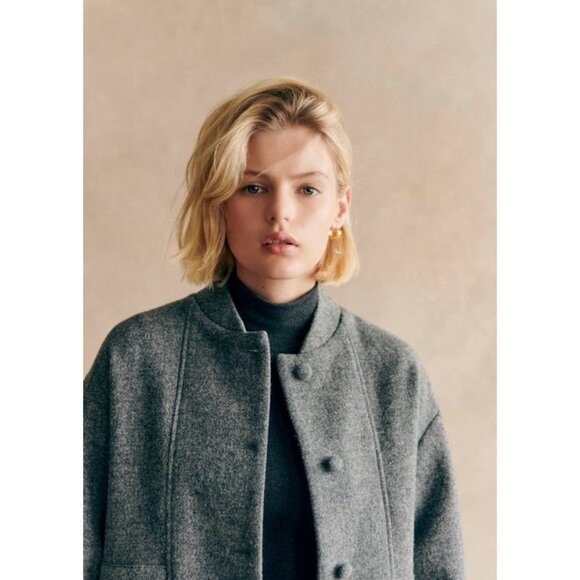NWT Sezane Ryler in Grey Virgin Wool Bomber Jacket 34 / 2 - Picture 2 of 10